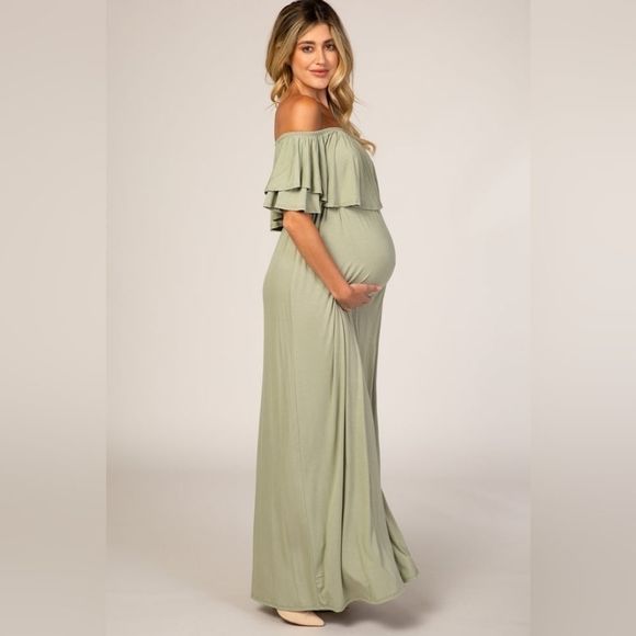 Pinkblush Mint Green Off Shoulder Ruffle Trim Maternity Knit Maxi Dress Large - Picture 1 of 5